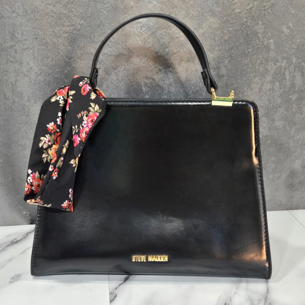 Steve Madden Satchel Handbag Womens Large Black Faux Leather Scarf Gold Hardware